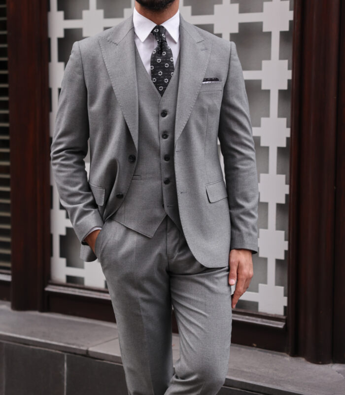 Warren Road Slim fit mid grey men's three piece suit with peak lapels