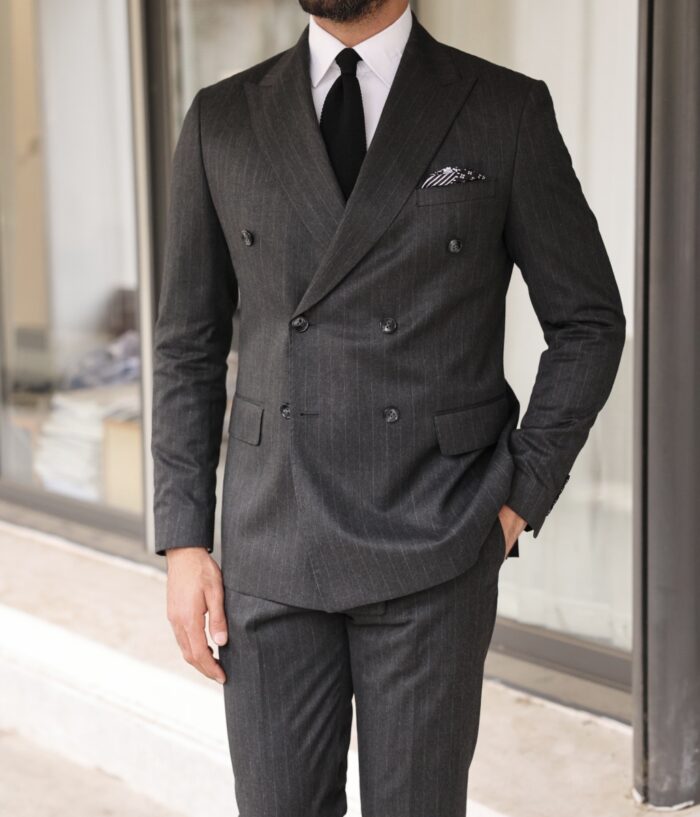 South Street Tailored slim fit pinstripe dark grey men's double breasted suit with peak lapels