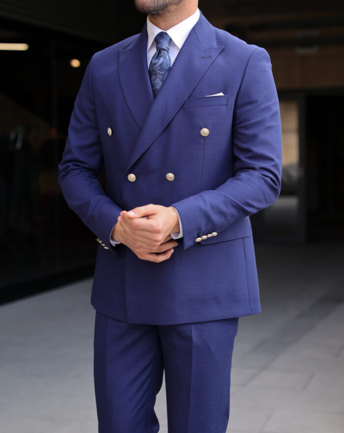 Old Compton Street Tailored slim fit  blue double breasted men's suit with peak lapels gold buttons