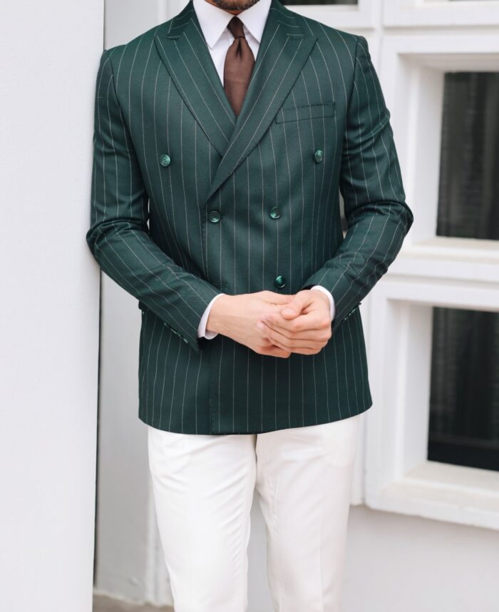 Blackfriars A tailored slim fit double breasted men’s suit in a mix of green double breasted pinstriped  and white