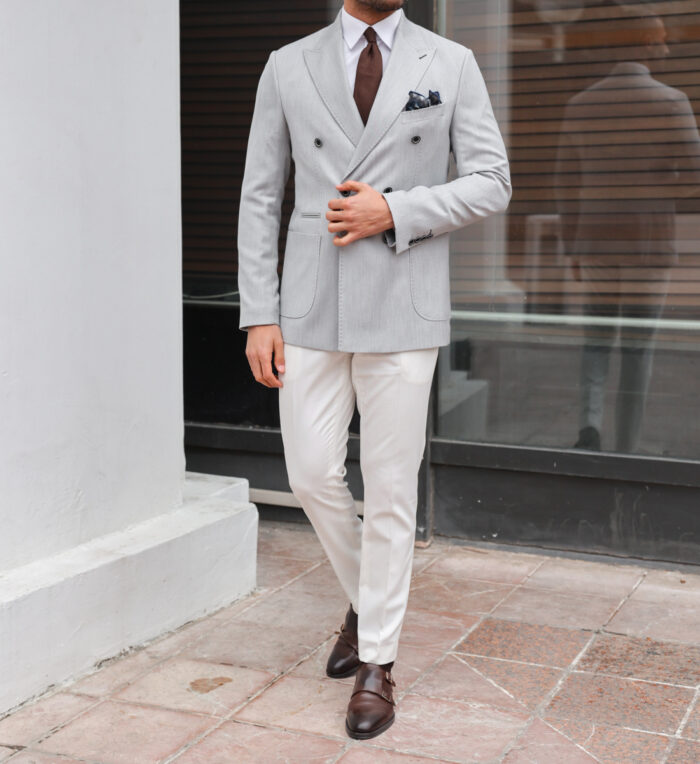 Euston Square Tailored slim fit  double breasted light grey and white mix combined men's suit with peak lapels