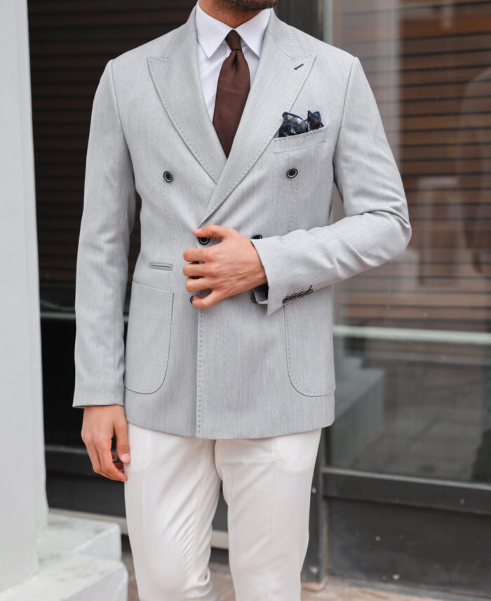 Euston Square Tailored slim fit  double breasted light grey and white mix combined men's suit with peak lapels