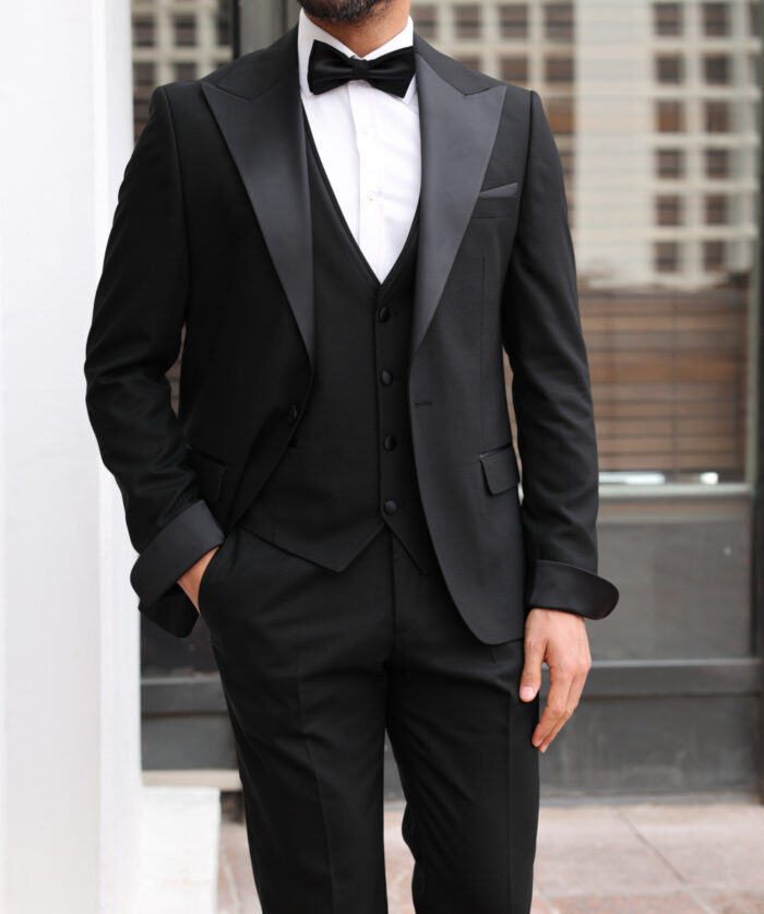 Prince David Tailored slim fit all black men's tuxedo with satin peak lapels