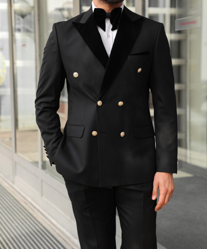 Prince Peter Slim fit all black double breasted men's tuxedo suit with peak velvet lapels WITH DECORATIVE GOLD BUTTONS