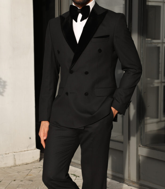 Prince Gavin Slim fit all black double breasted men's tuxedo suit with peak velvet lapels