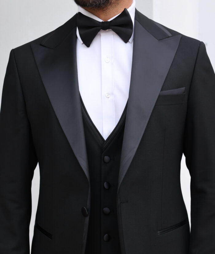 Prince Stewart Tailored Slim Fit All Black Men's Tuxedo With Satin Peak ...