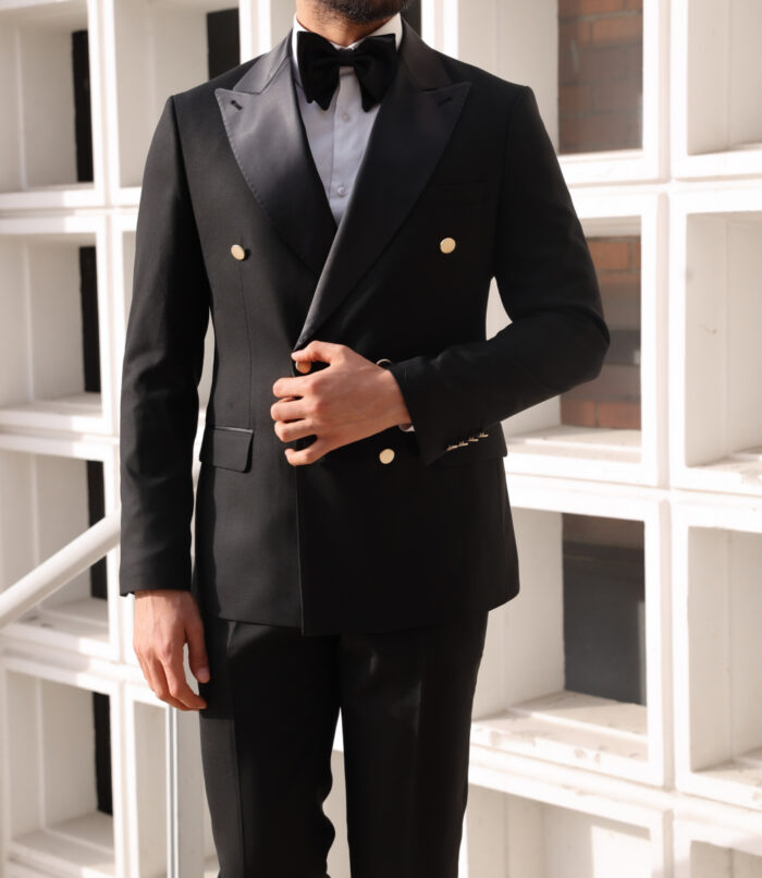 Staymore Close Slim fit all black double breasted two piece men's tuxedo suit with peak satin lapels  WITH DECORATIVE GOLD BUTTONS