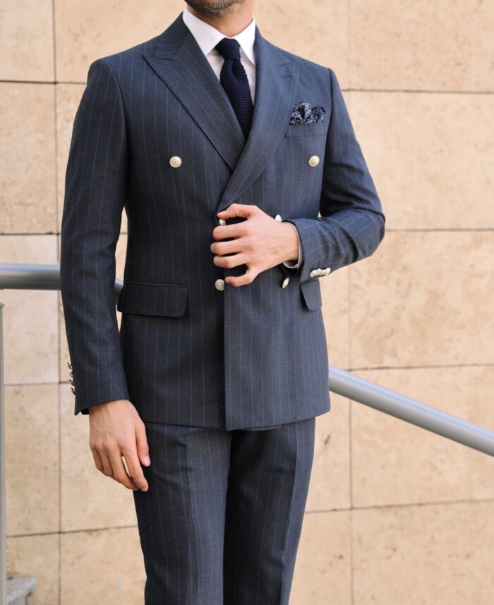 Fleet Street TAILORED SLIM fit DARK NAVY BLUE BASE  WITH BLUE pinstripe double BREASTED with peak lapels gold buttons men's SUIT 