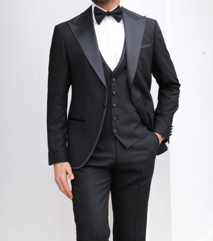 Prince Stewart Tailored slim fit all black men's tuxedo with satin peak lapels