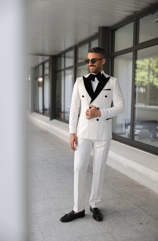 Prince Steven Tailored Slim Fit White Double Breasted Men's Tuxedo With ...