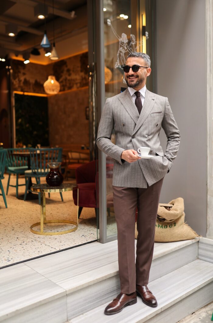 Tiverton Street Slim fit brown  checked with brown trousers  mixed double breasted men's suit with peak lapels