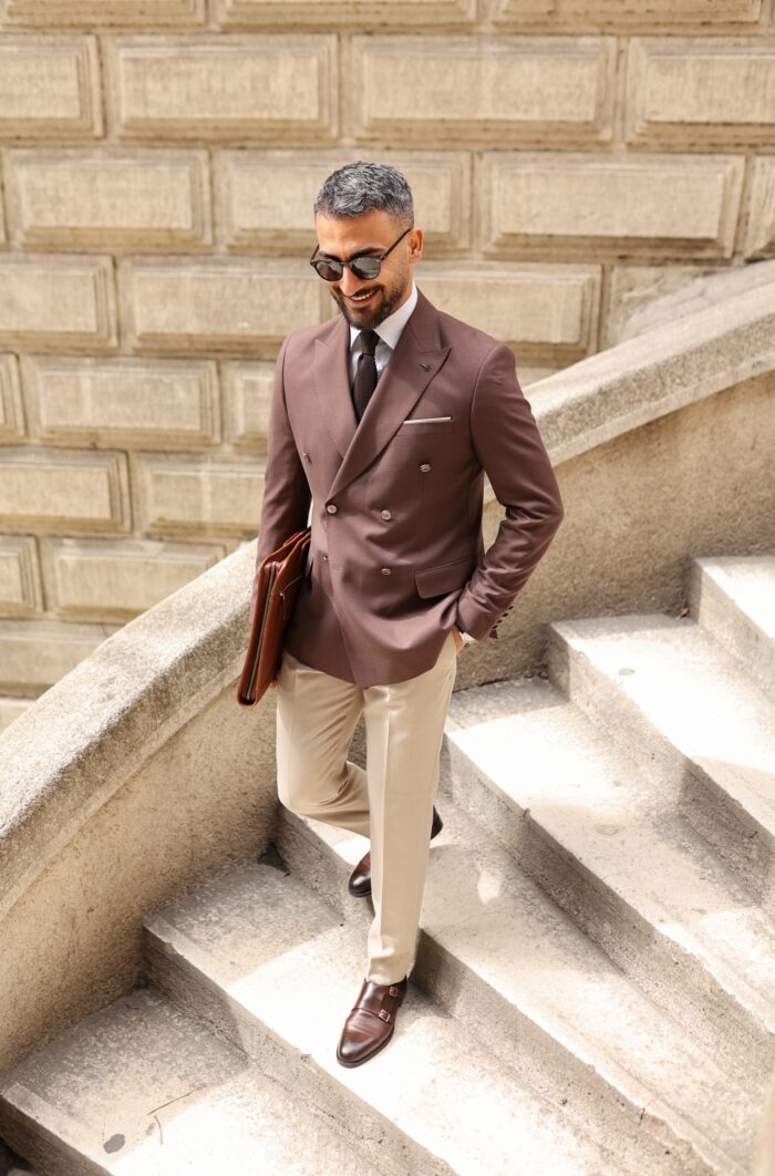 Mora Street Tailored slim fit mocca brown and beige trousers double breasted mixed combine men's suit with peak lapels