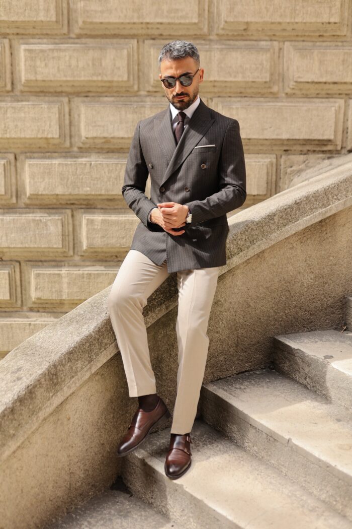 River Place Slim fit double breasted brown pinstriped with cream trousers  men's suit with peak lapels