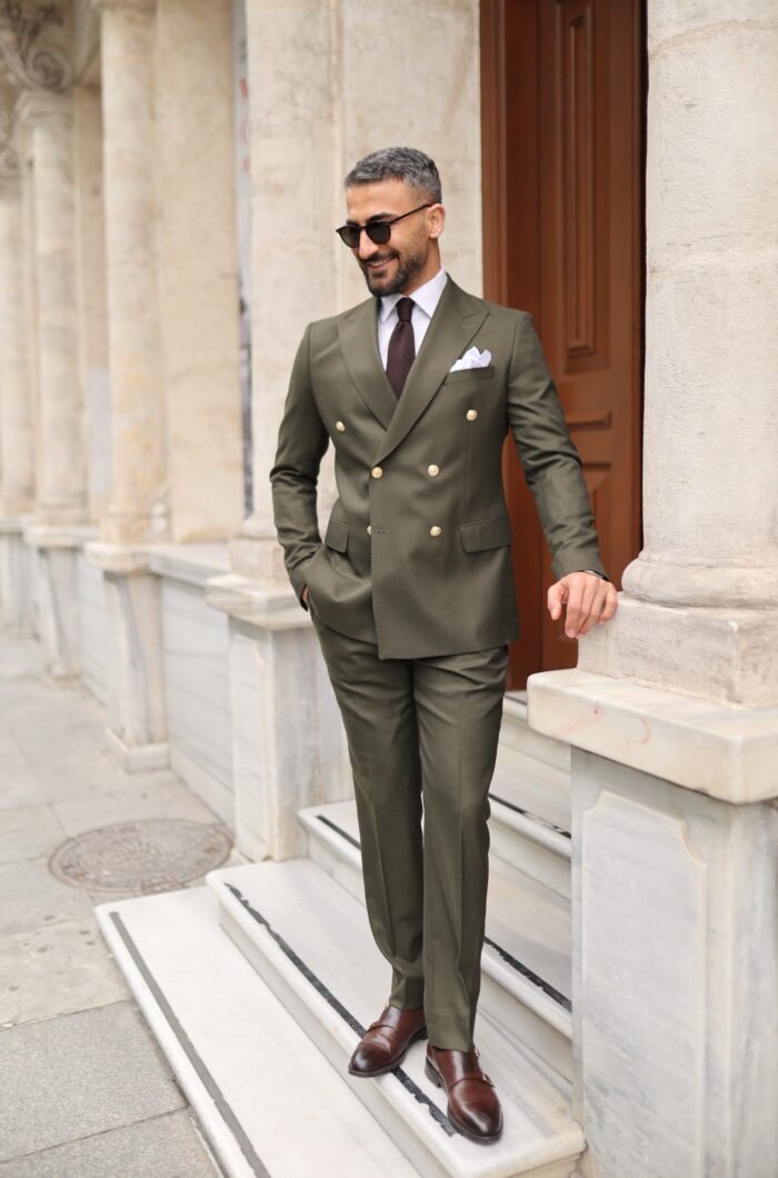 Morning Lane TAILORED SLIM FIT OLIVE GREEN DOUBLE BREASTED MEN’S SUIT WITH PEAK LAPELS decorative gold buttons