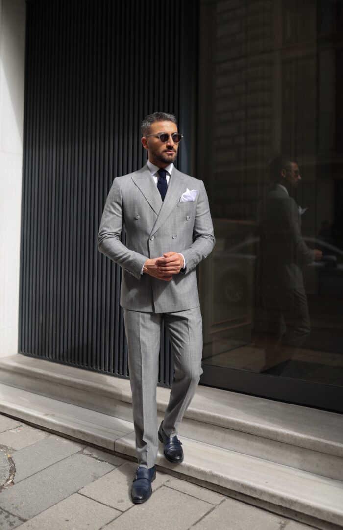 Sapphire Place Tailored slim fit mid grey  base baby blue pinstripe double breasted two piece suit with peak lapels