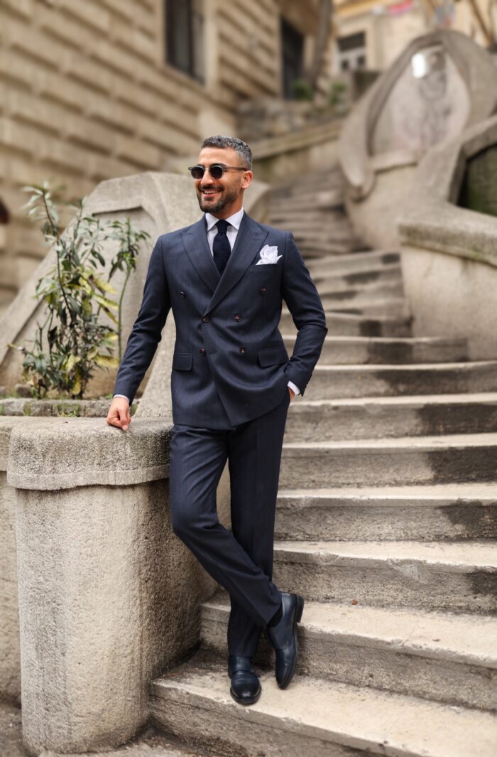 Lupus Street TAILORED SLIM FIT DARK BLUE PINSTRIPE DOUBLE BREASTED TWO PIECE SUIT WITH PEAK LAPELS