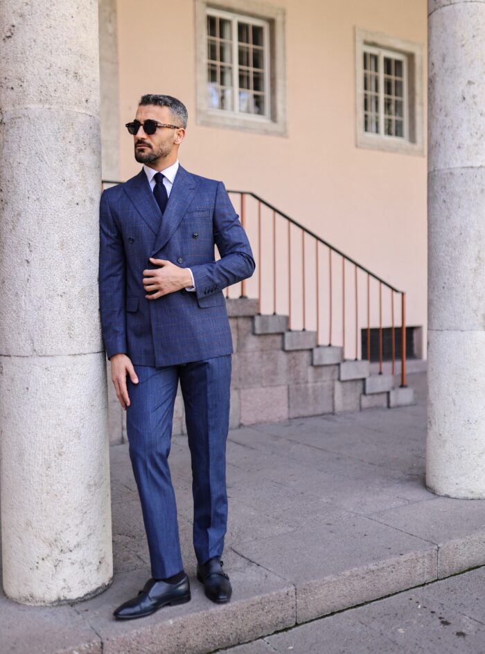Park Road Slim fit  blue checked with brown fine lines double breasted men's suit with peak lapels