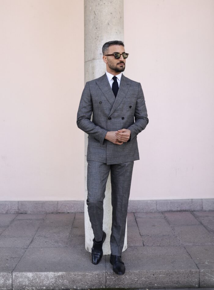 Chapter Street SLIM FIT  GREY  WITH FINE BLUE LINES DOUBLE BREASTED MEN’S SUIT WITH PEAK LAPELS