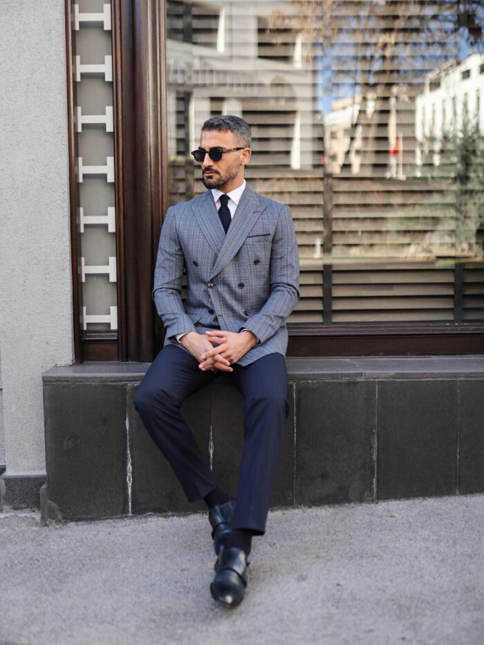 Randall Road Slim fit navy paired with navy trousers mixed double breasted men’s suit with peak lapels