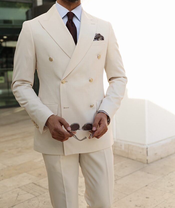 West Mersea slim fit cream double-breasted men’s two-piece suit WITH PEAK LAPELS GOLD BUTTONS