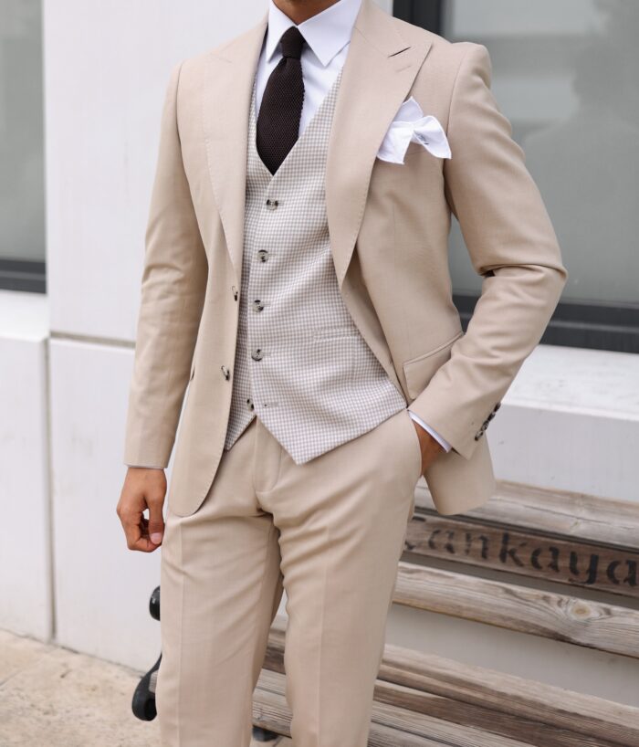 Helston Street Slim fit all cream three piece men's suit with peak lapels