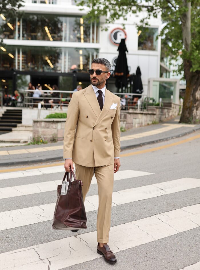 Chalton Street Tailored slim fit light beige double breasted men's suit with peak lapels