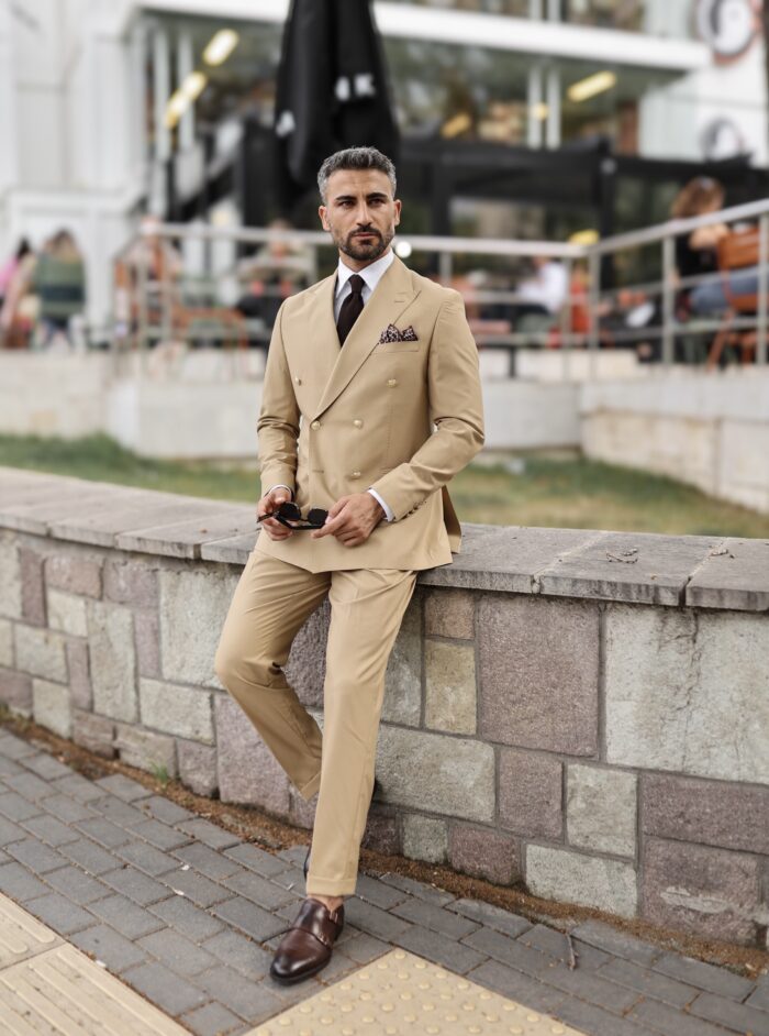 Greek Street Tailored slim fit light beige double breasted men's suit with peak lapels With decorative gold buttons