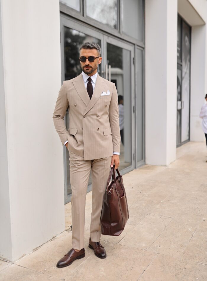 Laud Street Tailored slim fit cream double breasted pinstripe men's suit with peak lapels