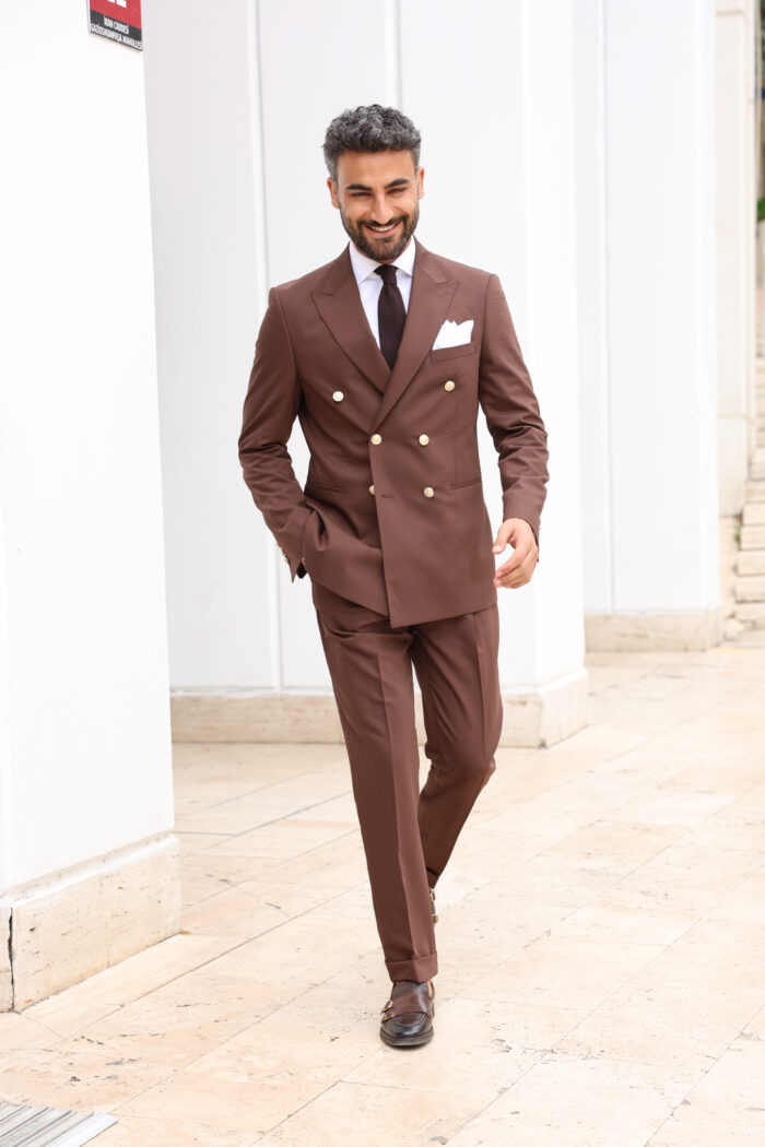 Ruislip Tailored slim fit brown double breasted men's suit with peak lapels with decorative gold buttons