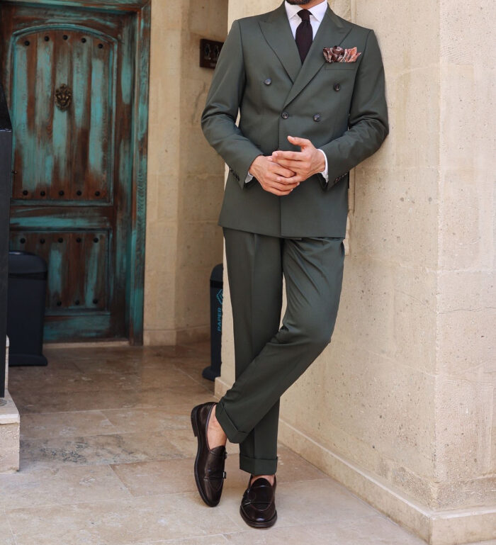 Looters Close Tailored slim fit green double breasted men's suit with peak lapels