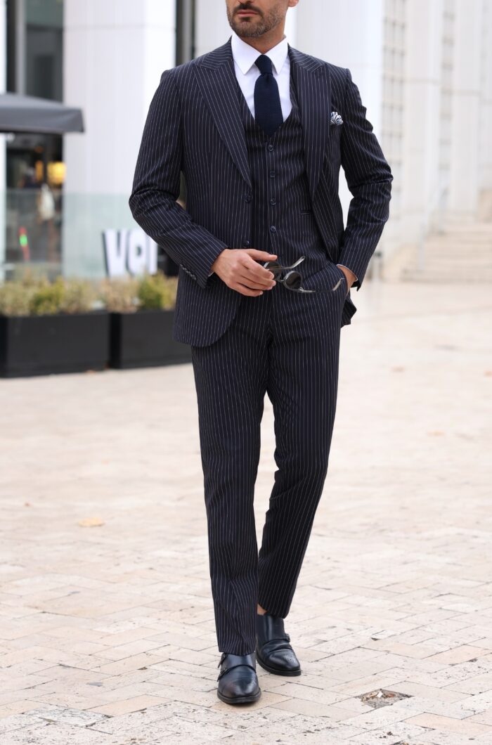 Bonnie Road Slim fit dark navy pinstripe men’s three piece suit with peak lapels