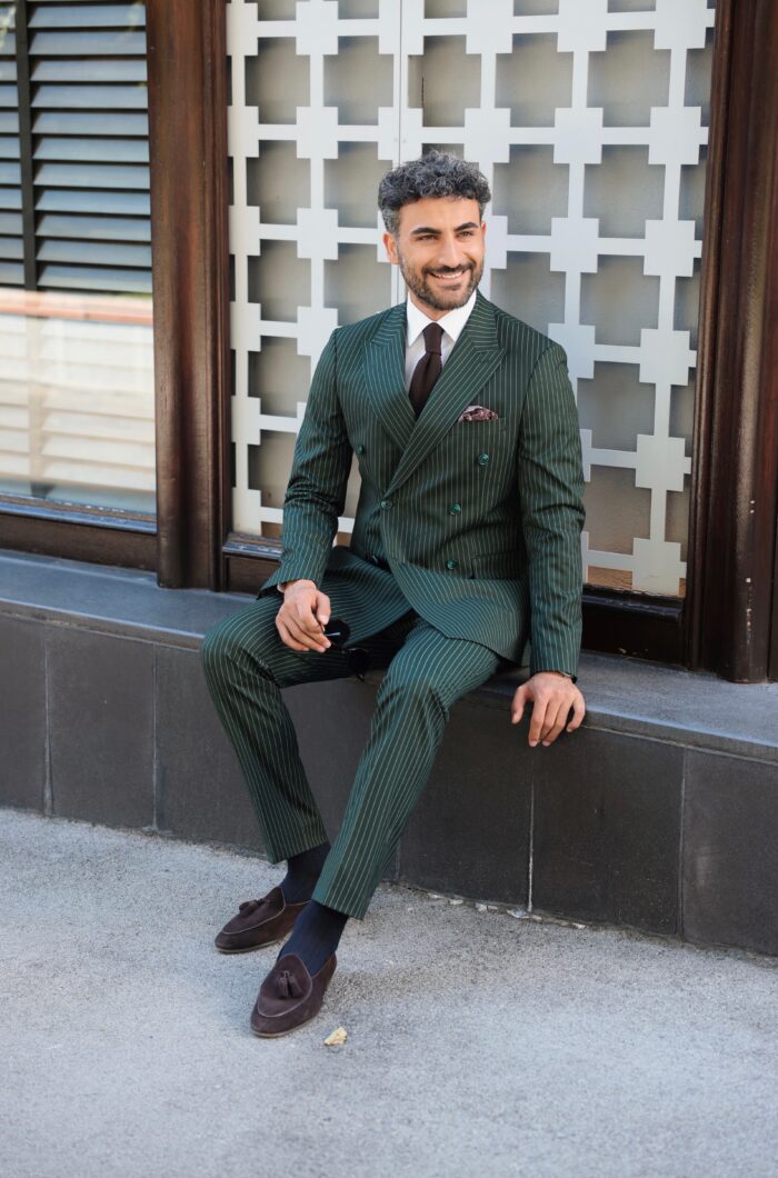 Archway Road Tailored slim fit forest green double breasted pinstripe men’s suit with peak lapels