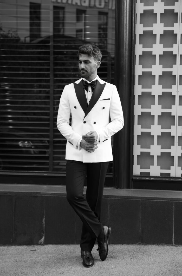 Brooklyn Tailored slim fit white double breasted men's tuxedo with black satin peak lapels