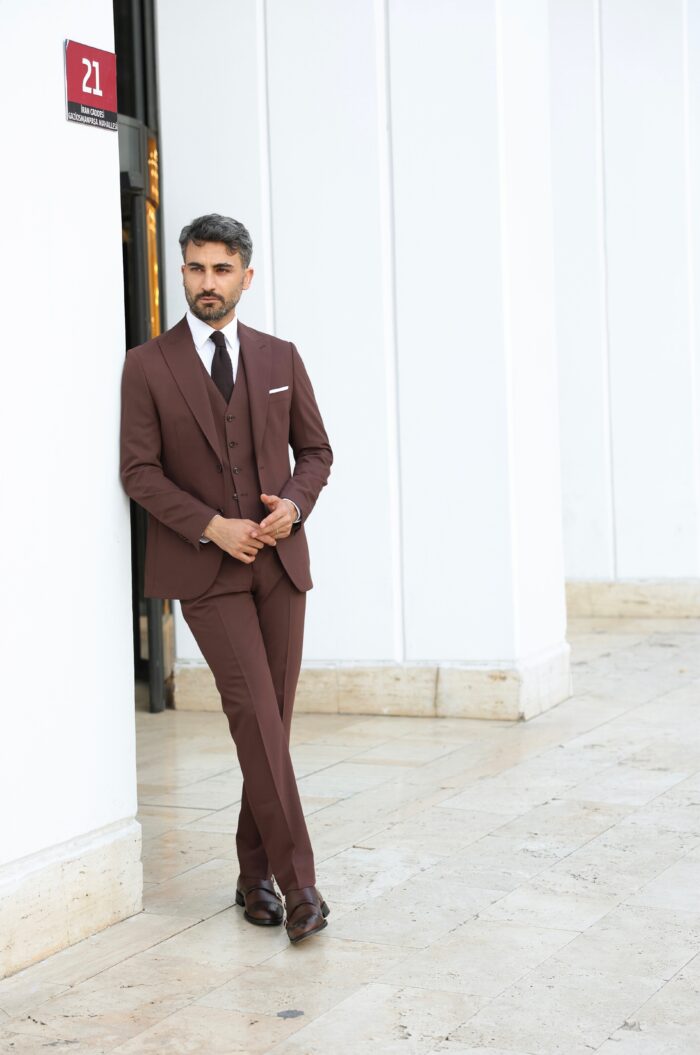 Cross Bay Boulevard Slim fit chocolate brown three piece men’s suit with peak lapels