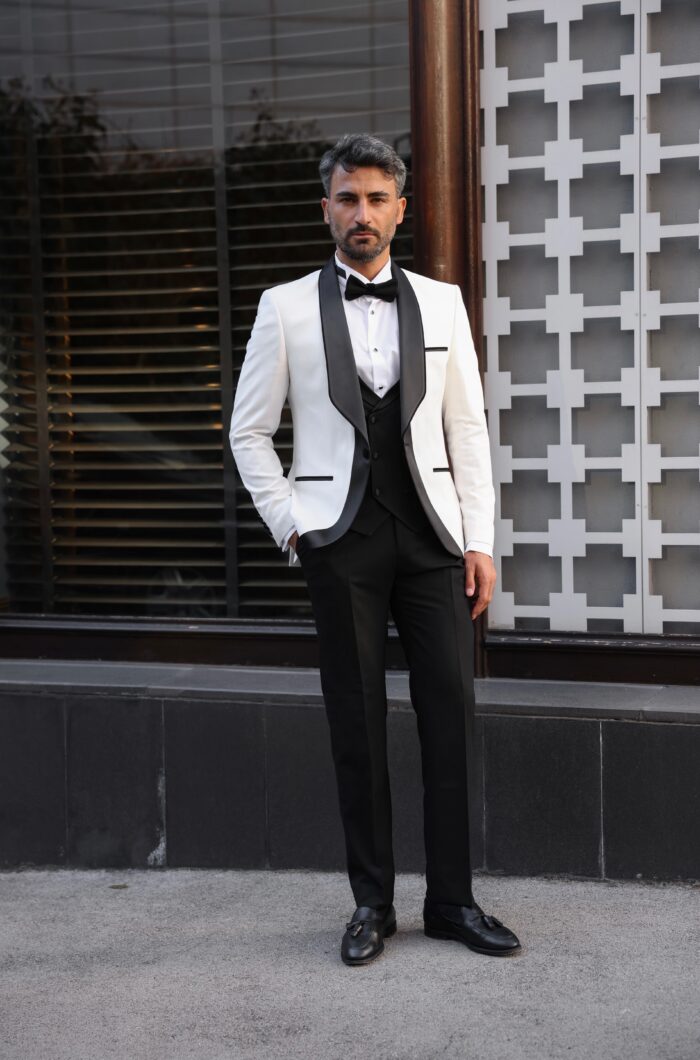 Beach Chanel Drive Tailored slim fit white  men’s tuxedo with black satin shawl lapels