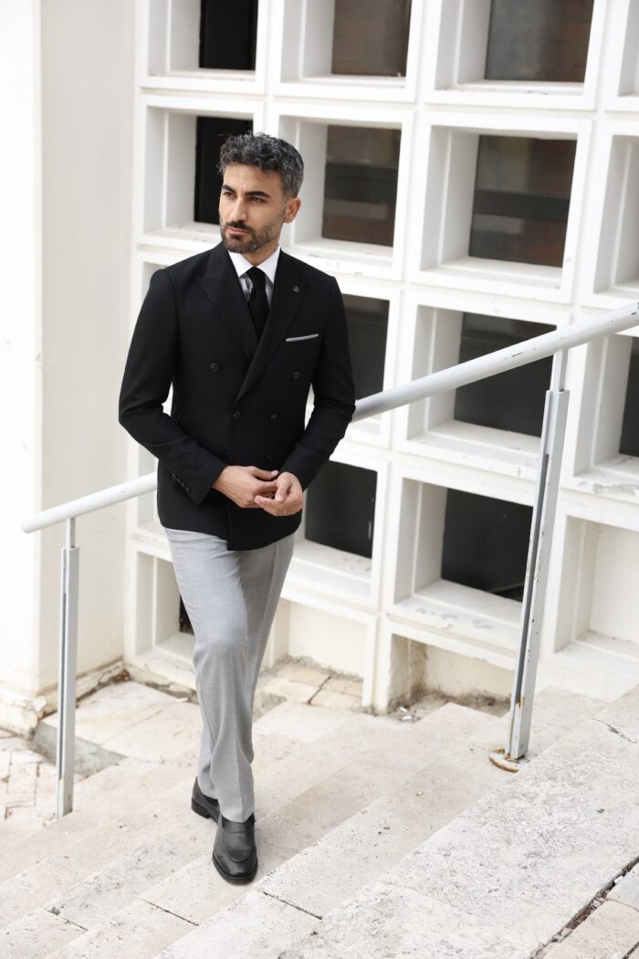 Summerset House Tailored slim fit black and grey trousers double breasted mixed combine men’s suit with peak lapels