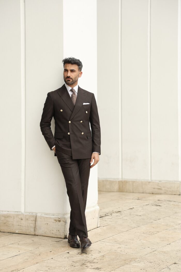 Northern Mile Tailored slim fit dark brown double breasted pin striped men’s suit with peak lapels with decorative gold buttons