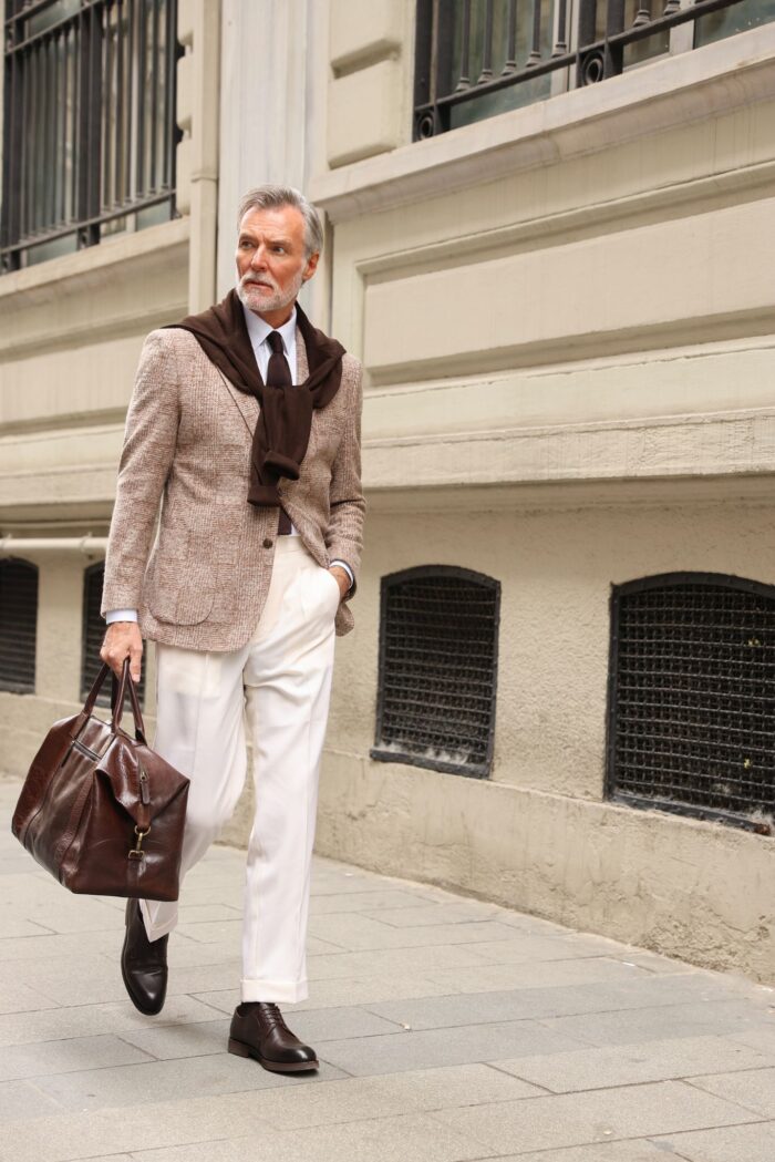 Theydon Road Slim fit light latte brown and white chequered mixed two piece men’s suit with notch lapels