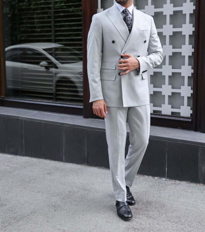 Tennis Street Tailored slim fit light grey double breasted men’s suit with peak lapels