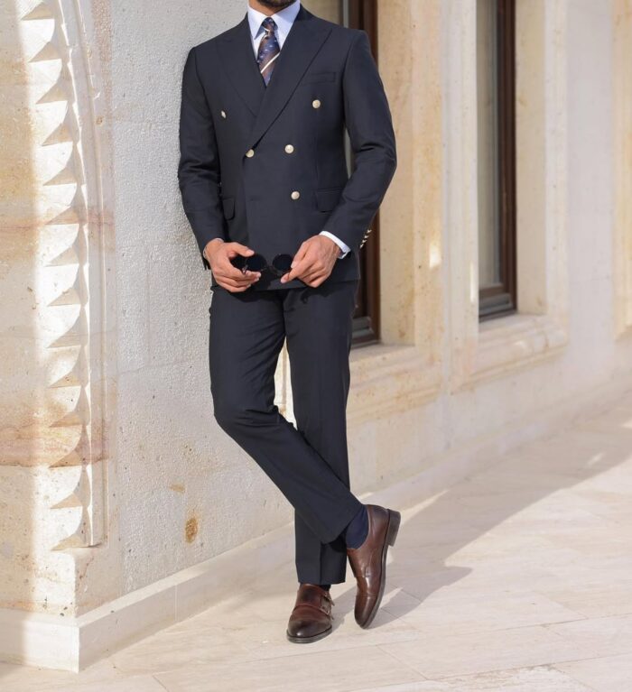 Armony Mews TAILORED SLIM FIT ROYAL NAVY BLUE DOUBLE BREASTED MEN’S SUIT WITH DECORATIVE GOLD BUTTONS AND PEAK LAPELS